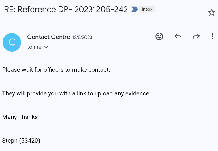 PC Hart email 8th Dec